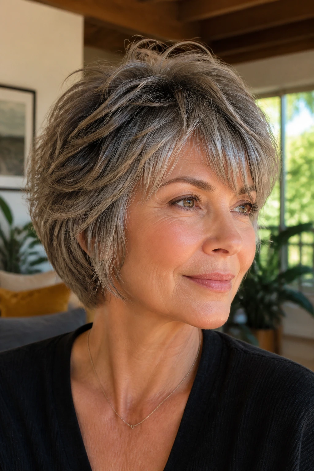 Close-up portrait of a real woman with a face-lifting short shag in a sunlit living room