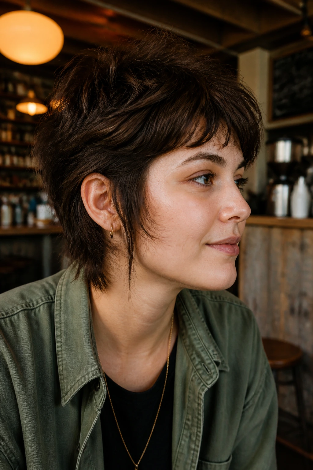 Portrait of a woman with short shag and long sideburns.