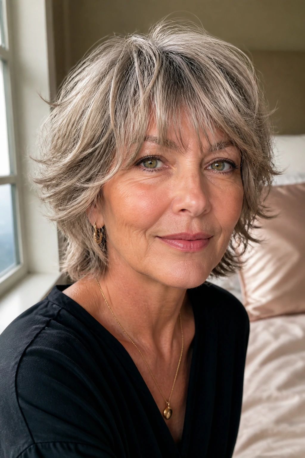 Close-up portrait of a real woman with a short shag showing crisp fringe and defined layers