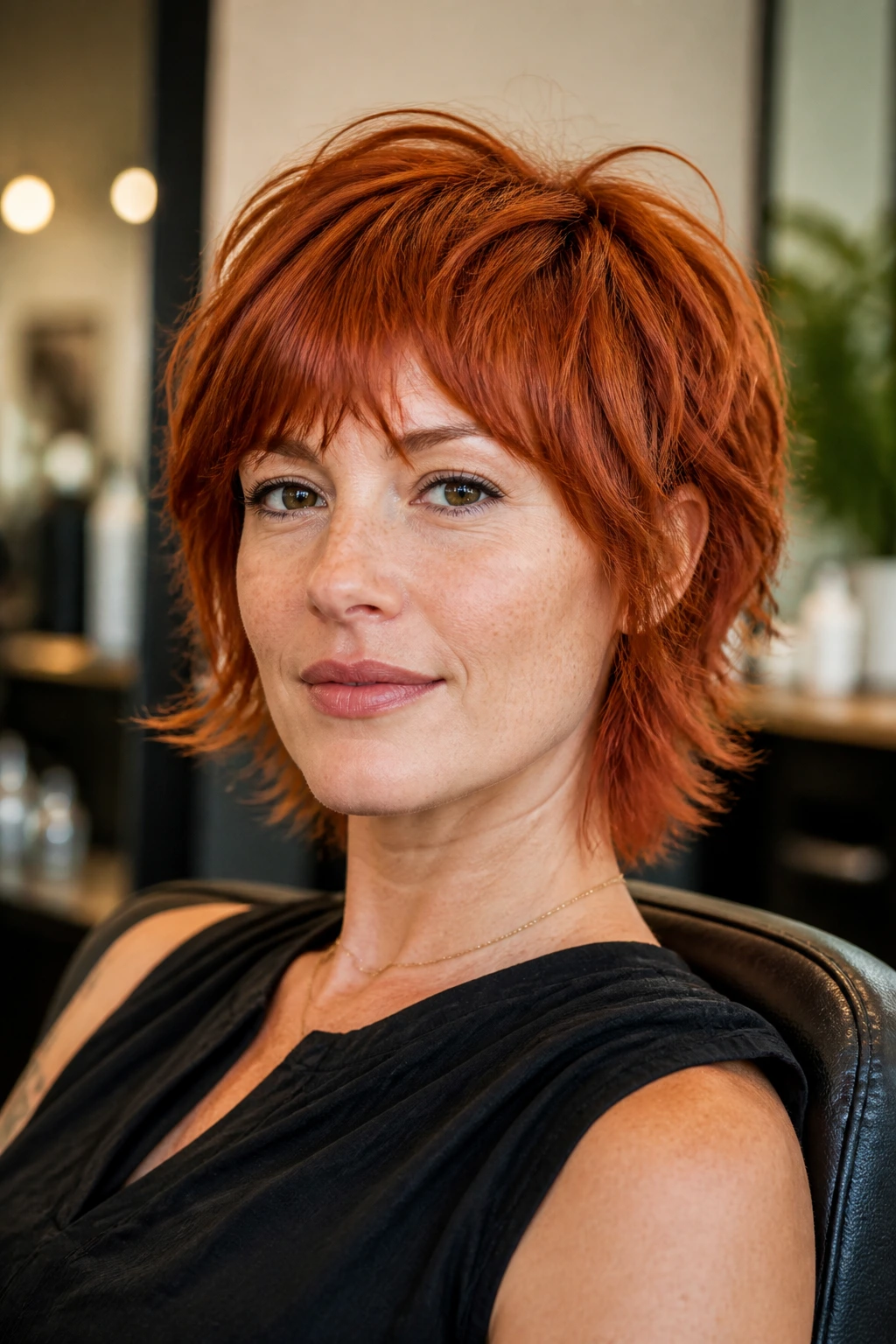 Close-up of real person with crisp short shag red hair between cuts