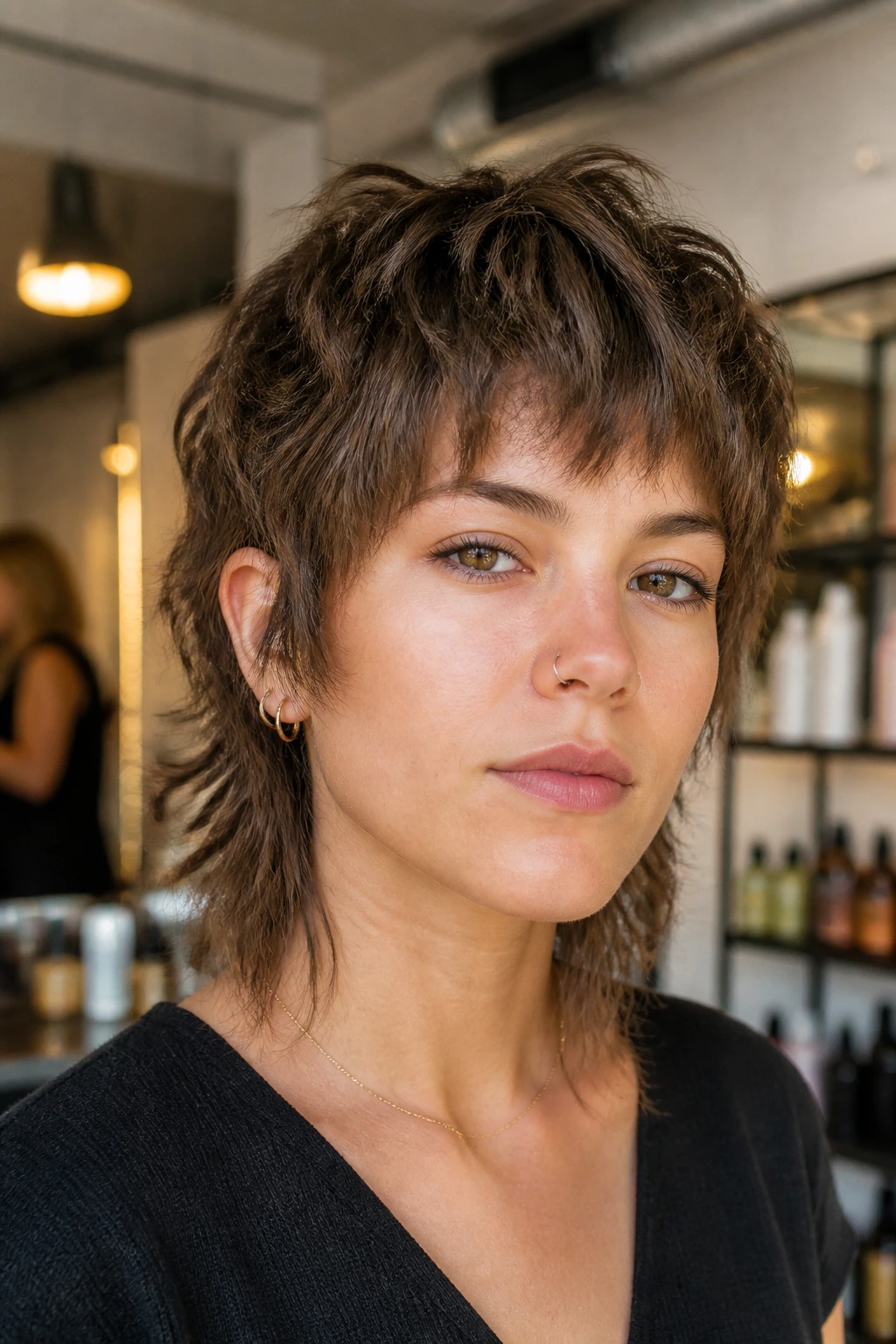 Portrait of a real person with a short shag mullet and textured crown.