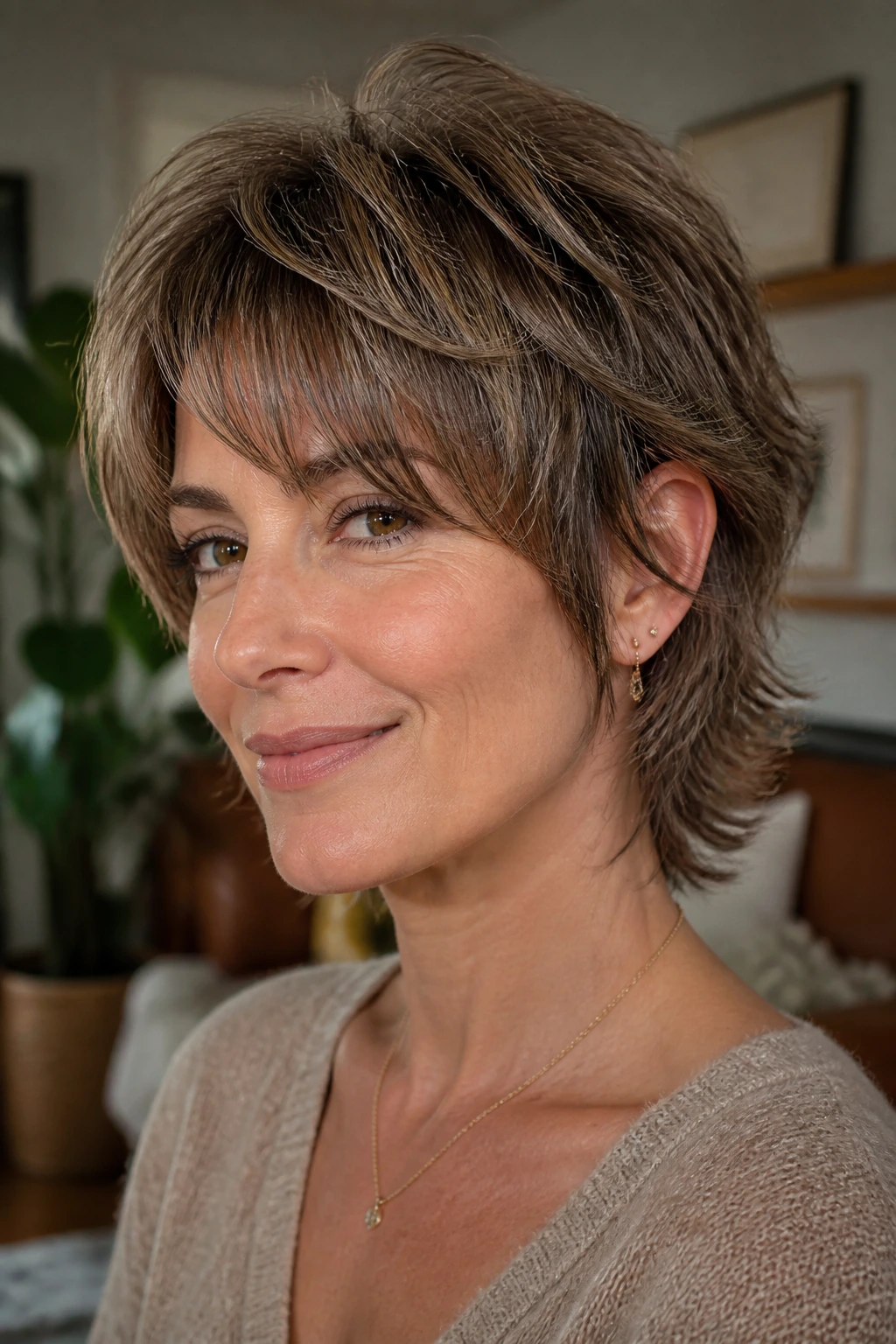 Close-up portrait of a real woman with a short shag and feathered nape in warm indoor light