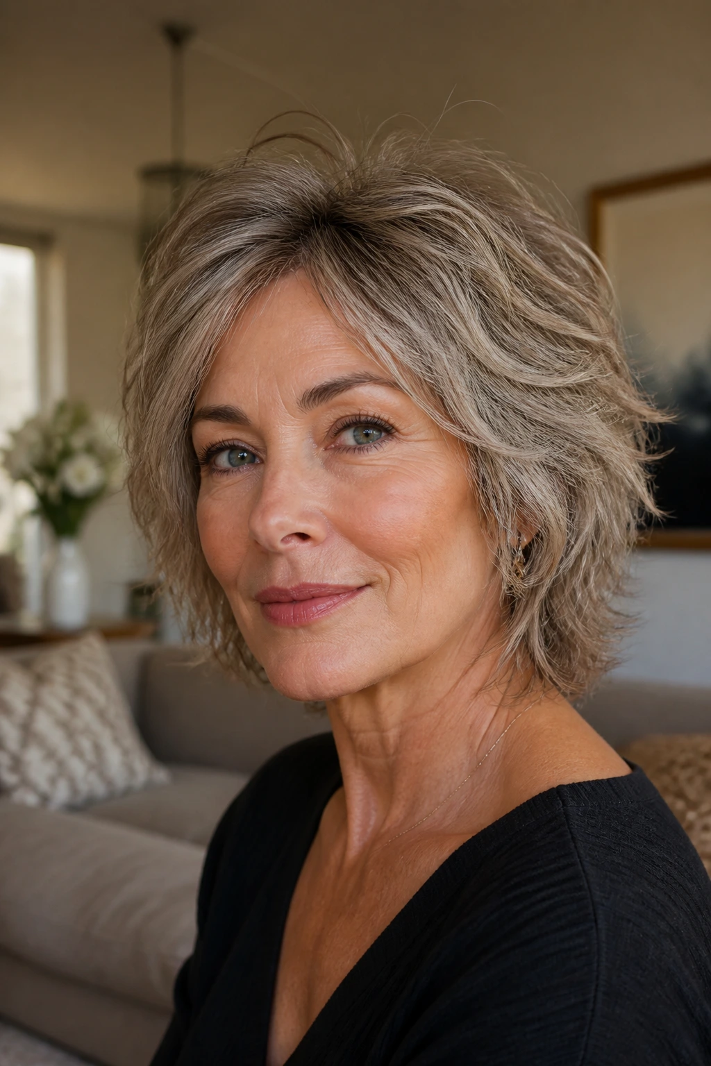 Woman styling short shag without bangs at home.