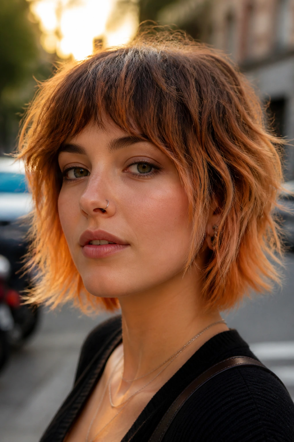 Real person with short shag dye walnut roots to apricot ends.