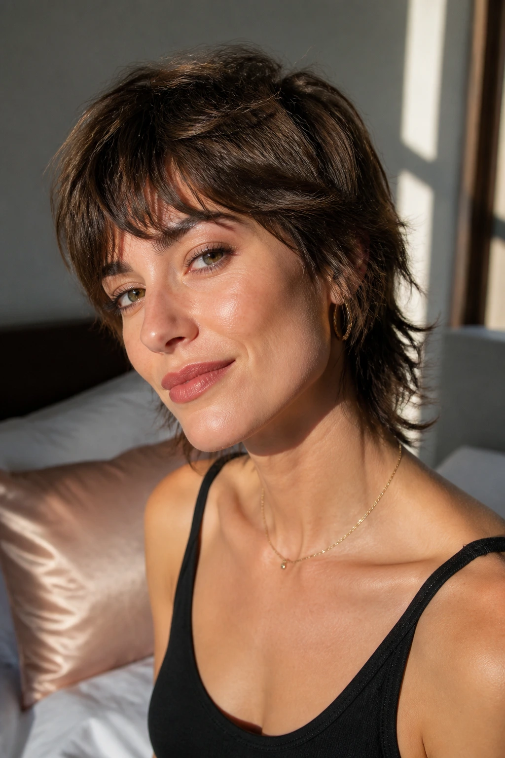 Close-up portrait of a real person with a short shag hairstyle in a softly lit bedroom