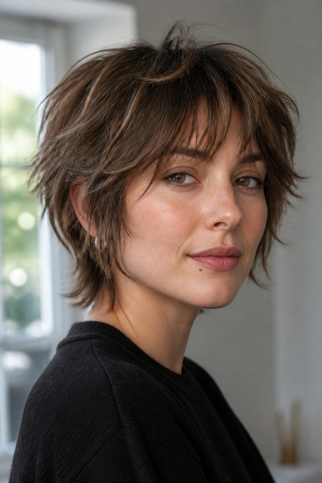 Portrait of a person with a well-defined short shag showing crown lift and soft face framing