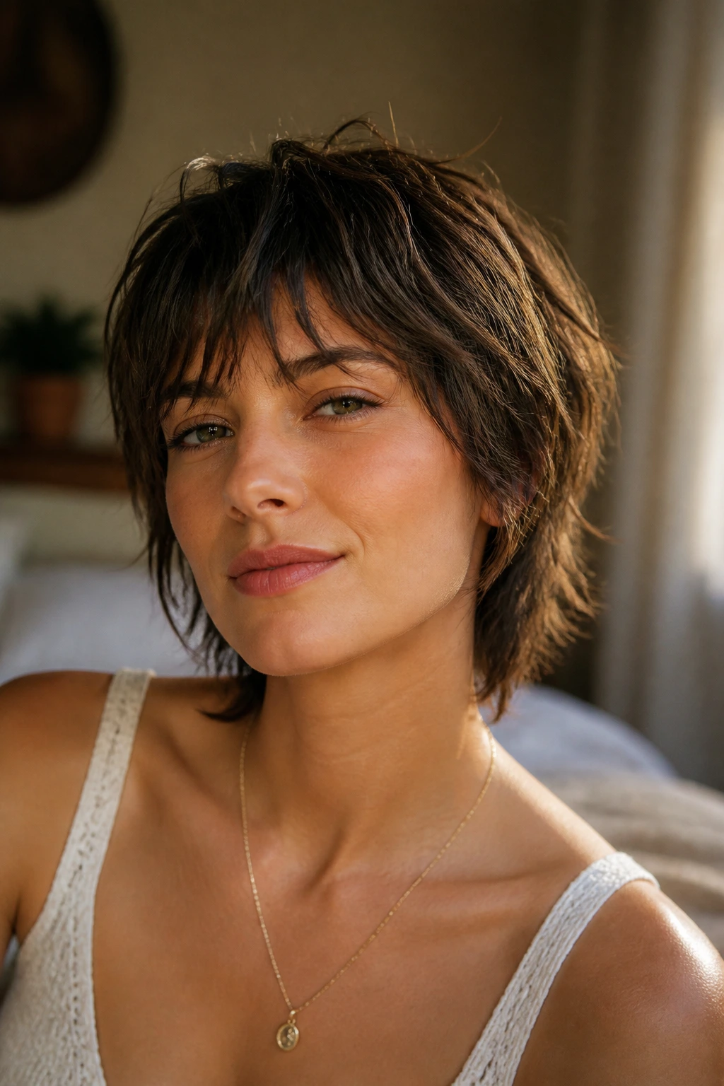 Close-up portrait of a person with a layered short shag and soft fringe.