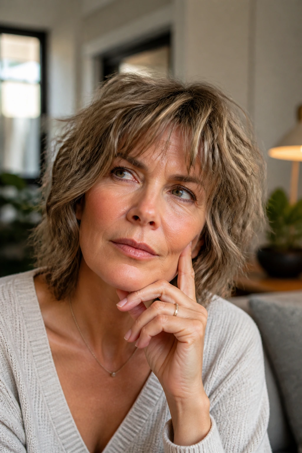 Close-up portrait of a real woman with a short shag in a cozy living room setting