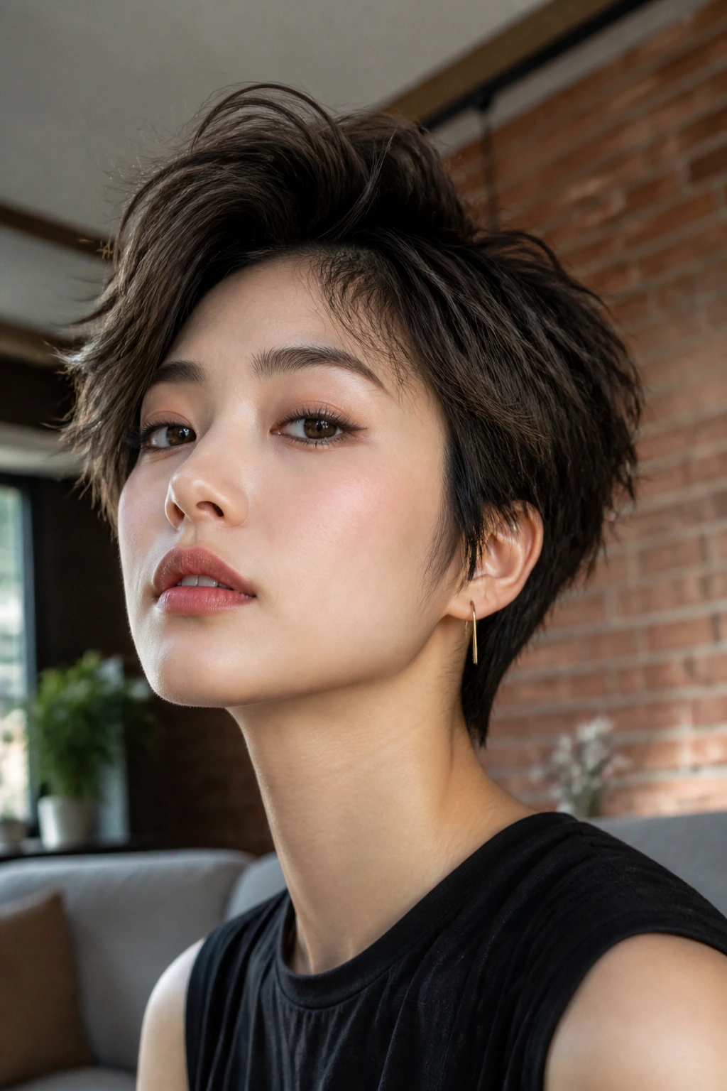 Close-up portrait of a real person with short shag quiff