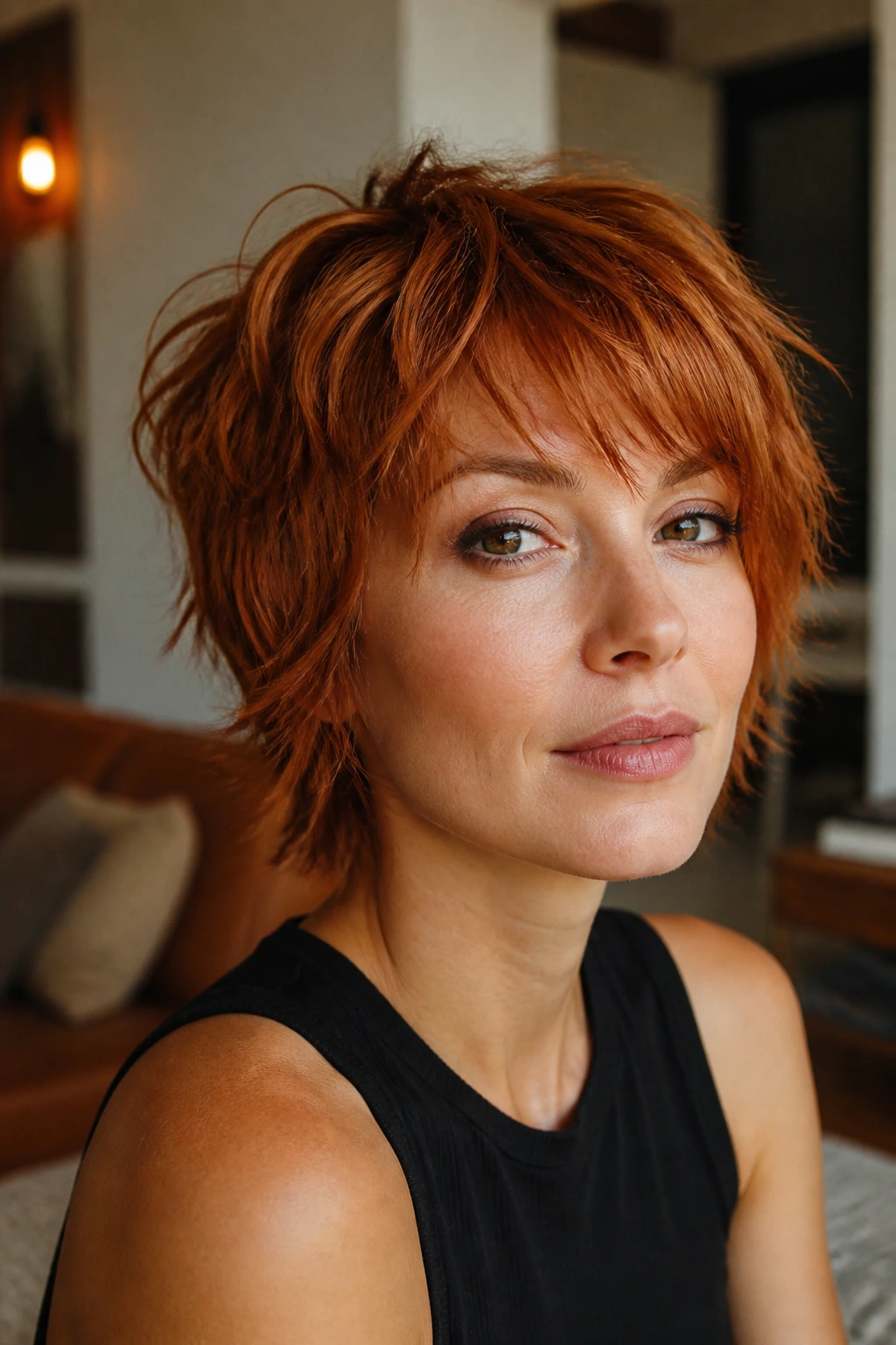 Real woman with short shag on red hair in warm room