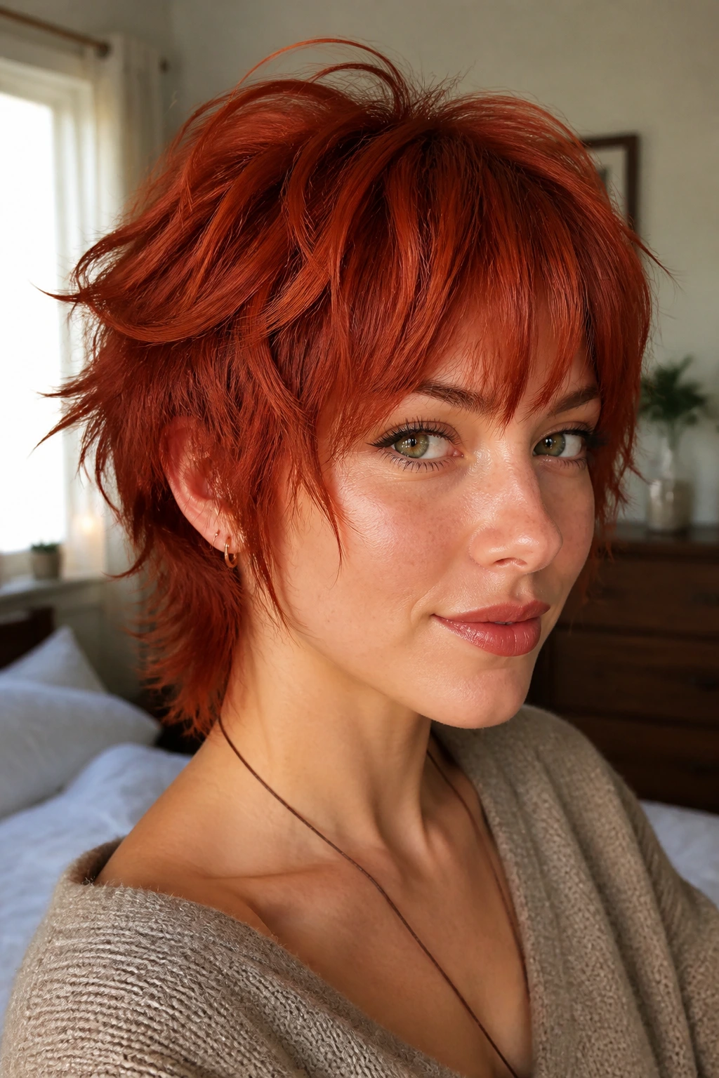 Close-up portrait of a real person with a short shag red hair showing movement and color depth