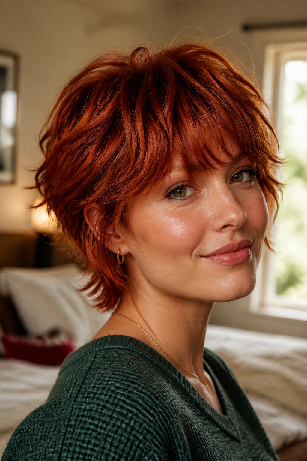 Close-up portrait of a real woman with a short red shag haircut showing layered crown and movement