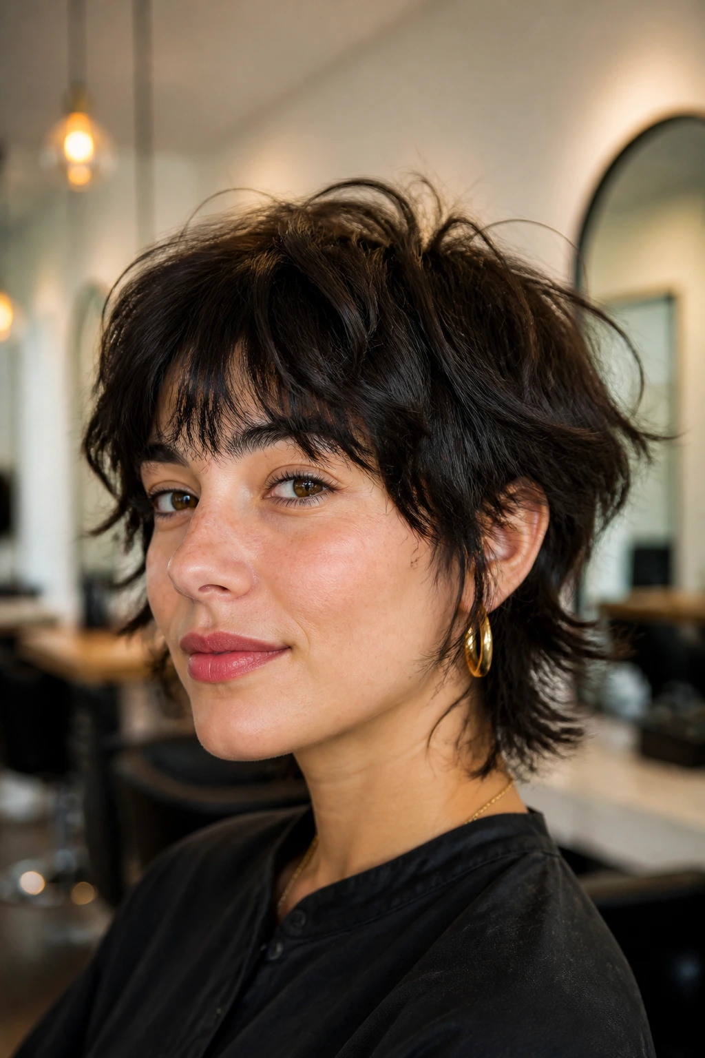 Close-up of a real person with a short shag haircut in a salon setting
