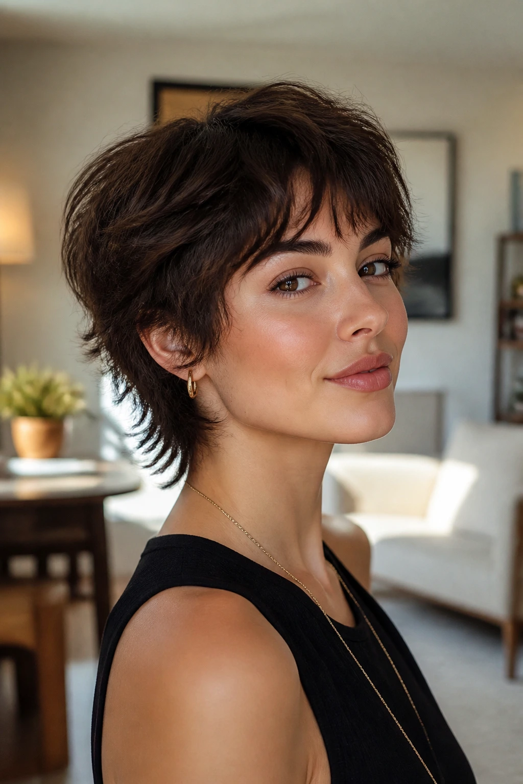Close-up of a real person with short shag showing crown lift and front layering.