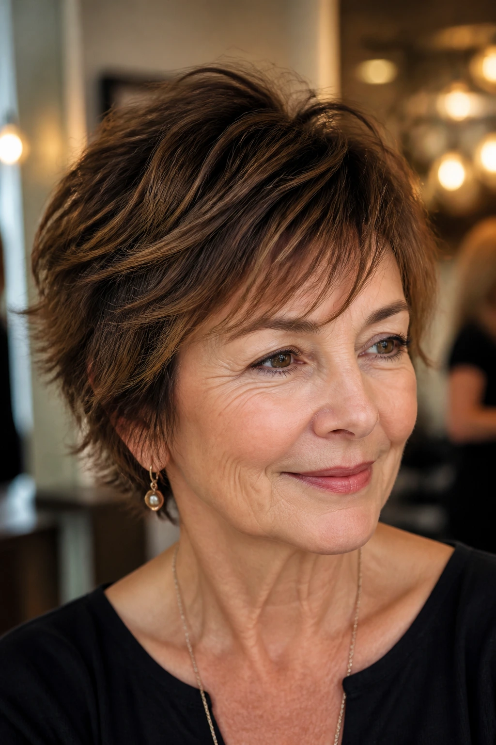 Portrait of a real woman with a crisp short shag that maintains shape