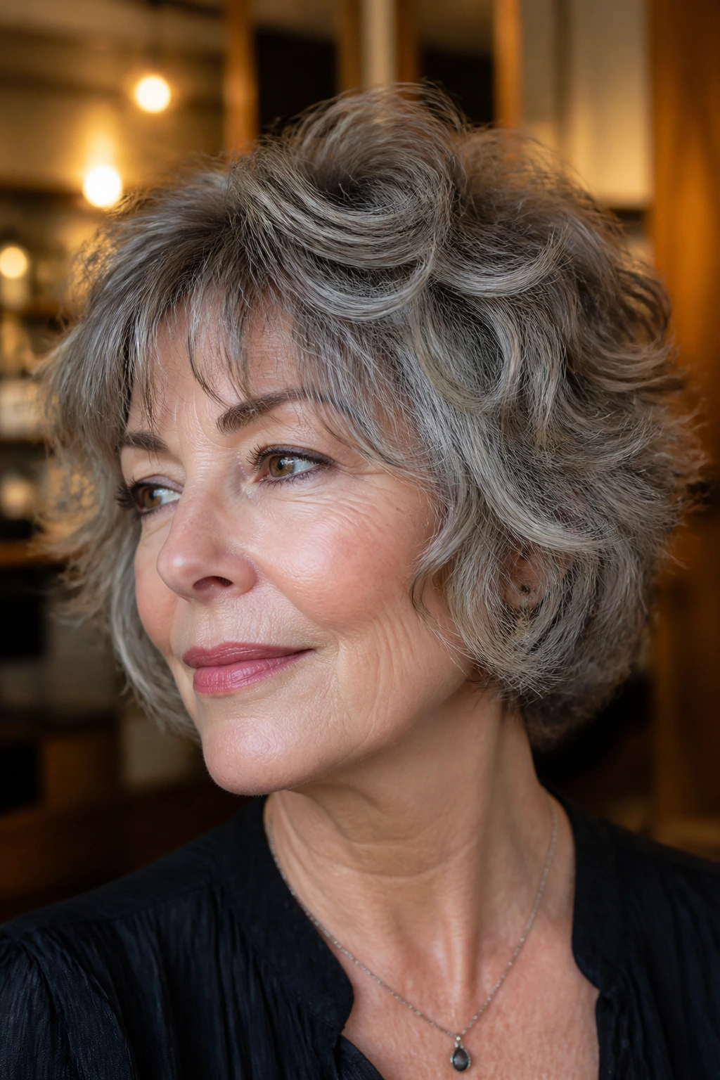 Close-up portrait of a real woman with a short shag showing texture and movement