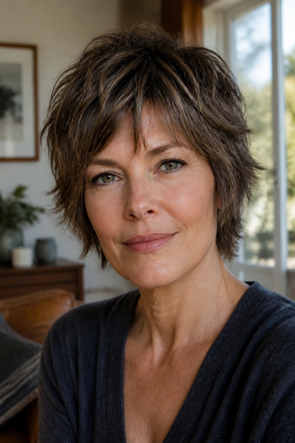 Close-up portrait of a woman over 40 with a short shaggy haircut softening the jawline in warm daylight