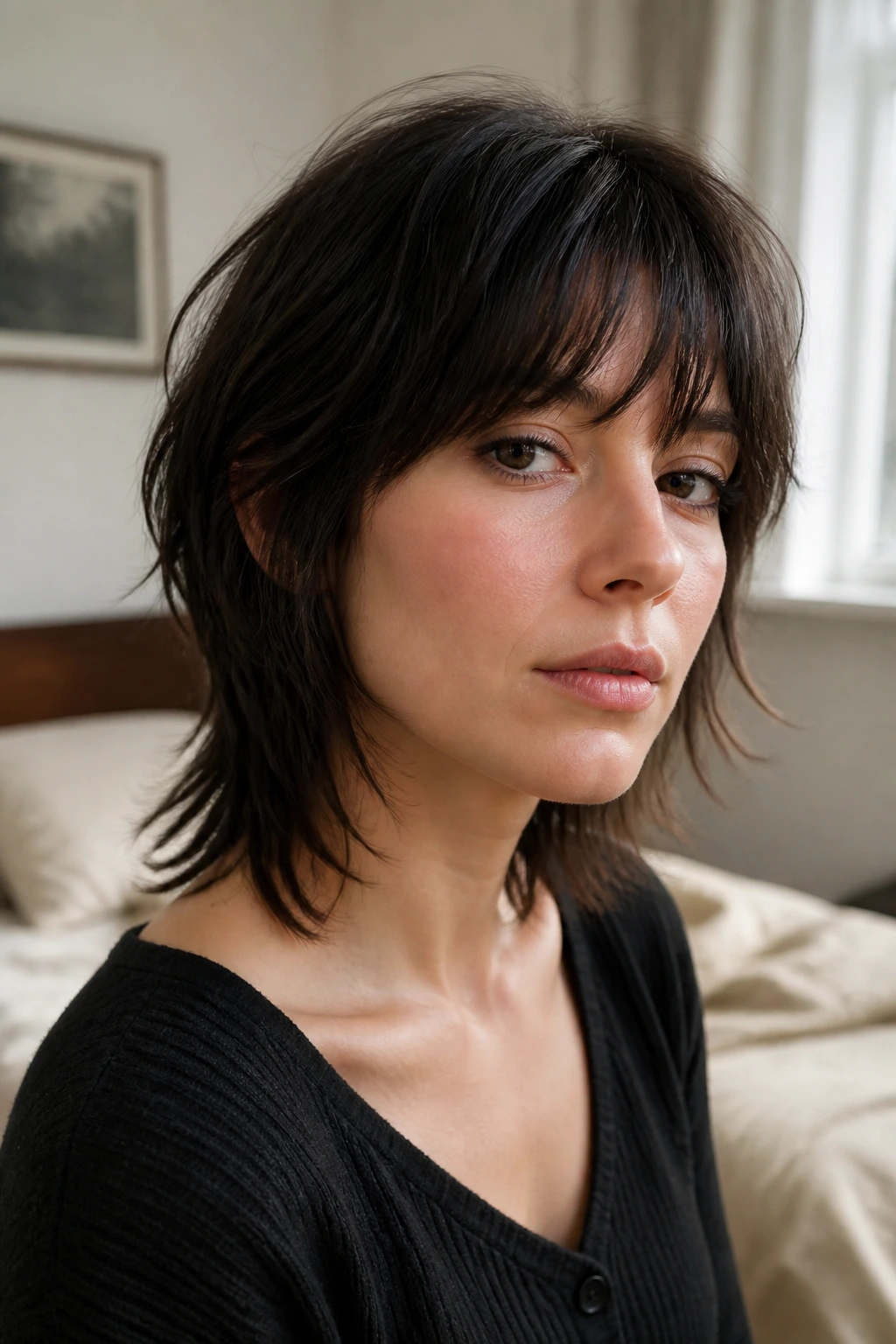 Close-up portrait of a real person with a short shag haircut and bangs on straight hair, in warm window light