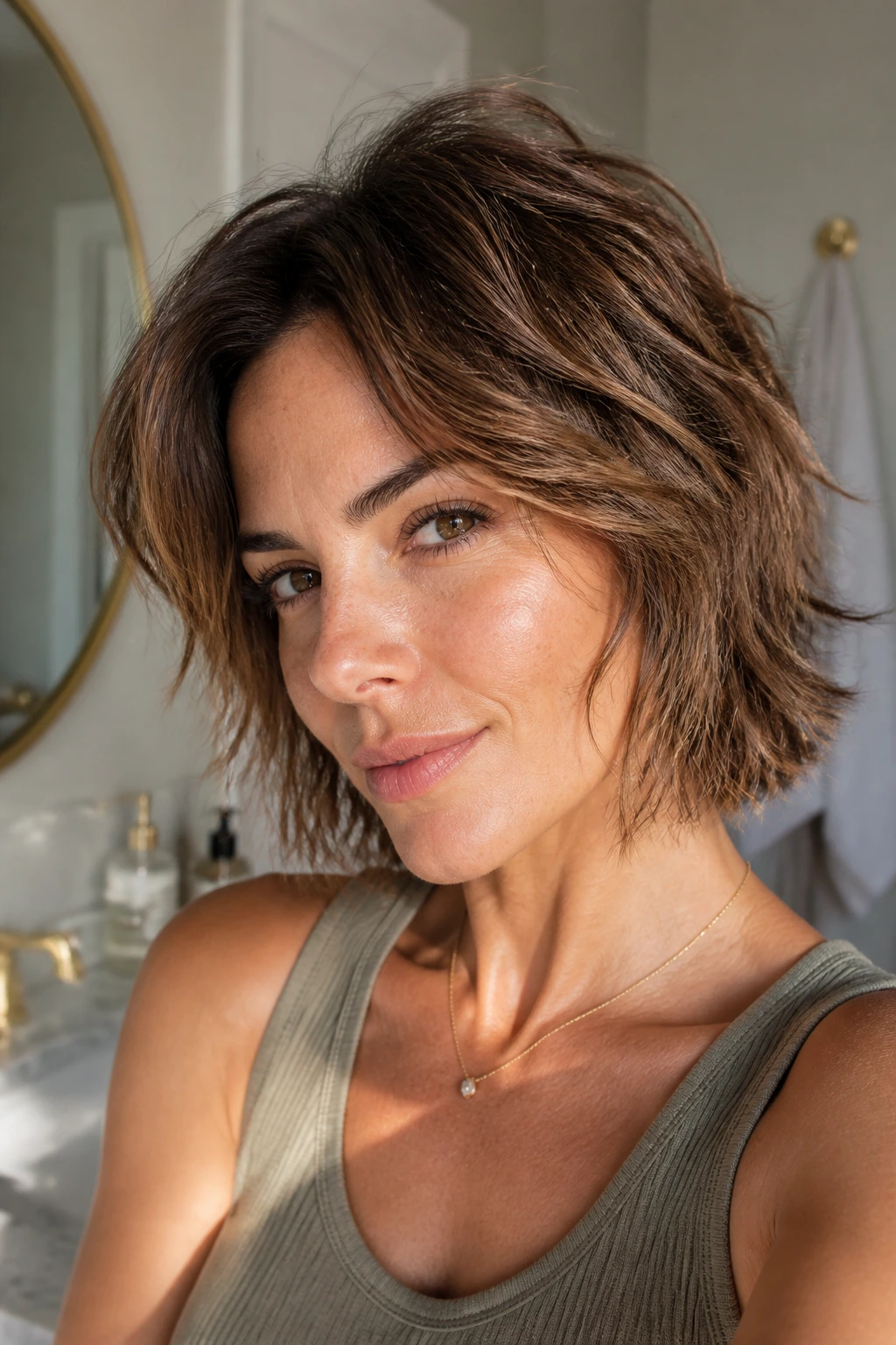 Close-up of a real woman with a short shaggy haircut in a sunlit bathroom