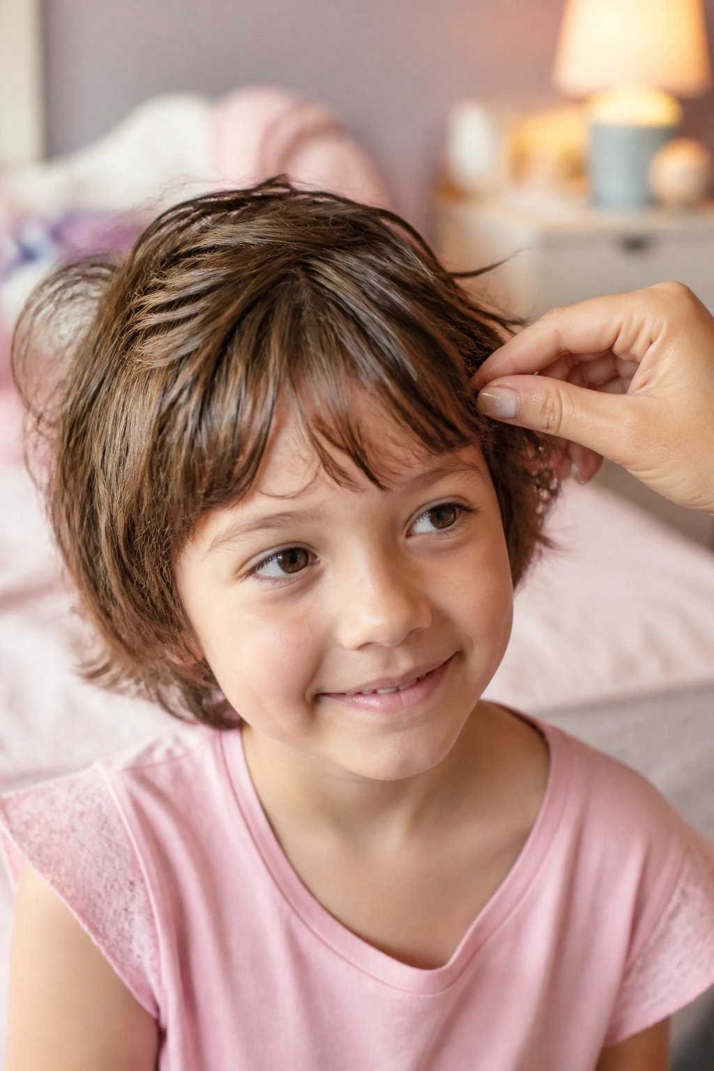 Child with short shag hair being styled in the morning light