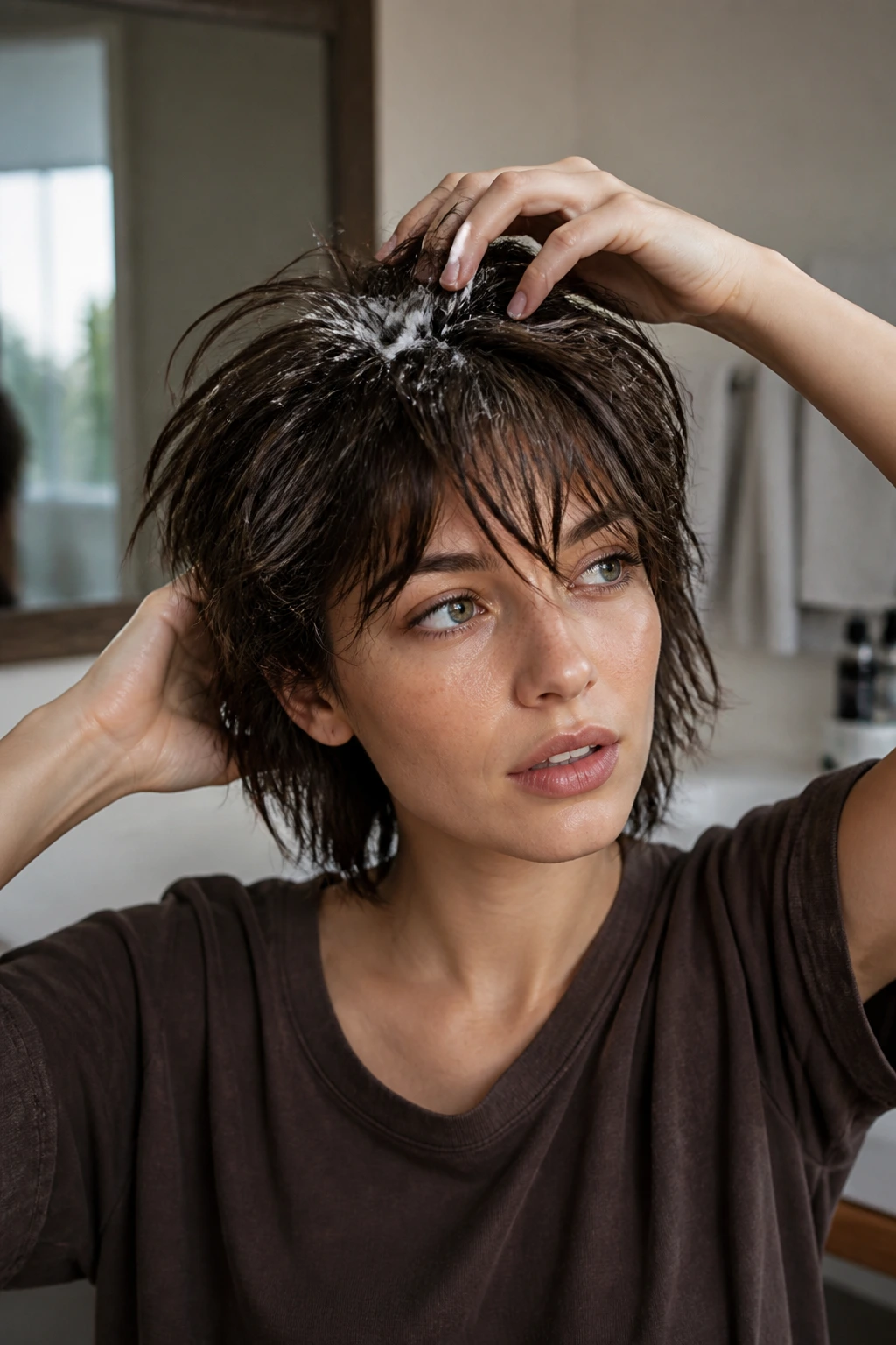 Portrait of a person styling a short shag to keep volume with a round brush