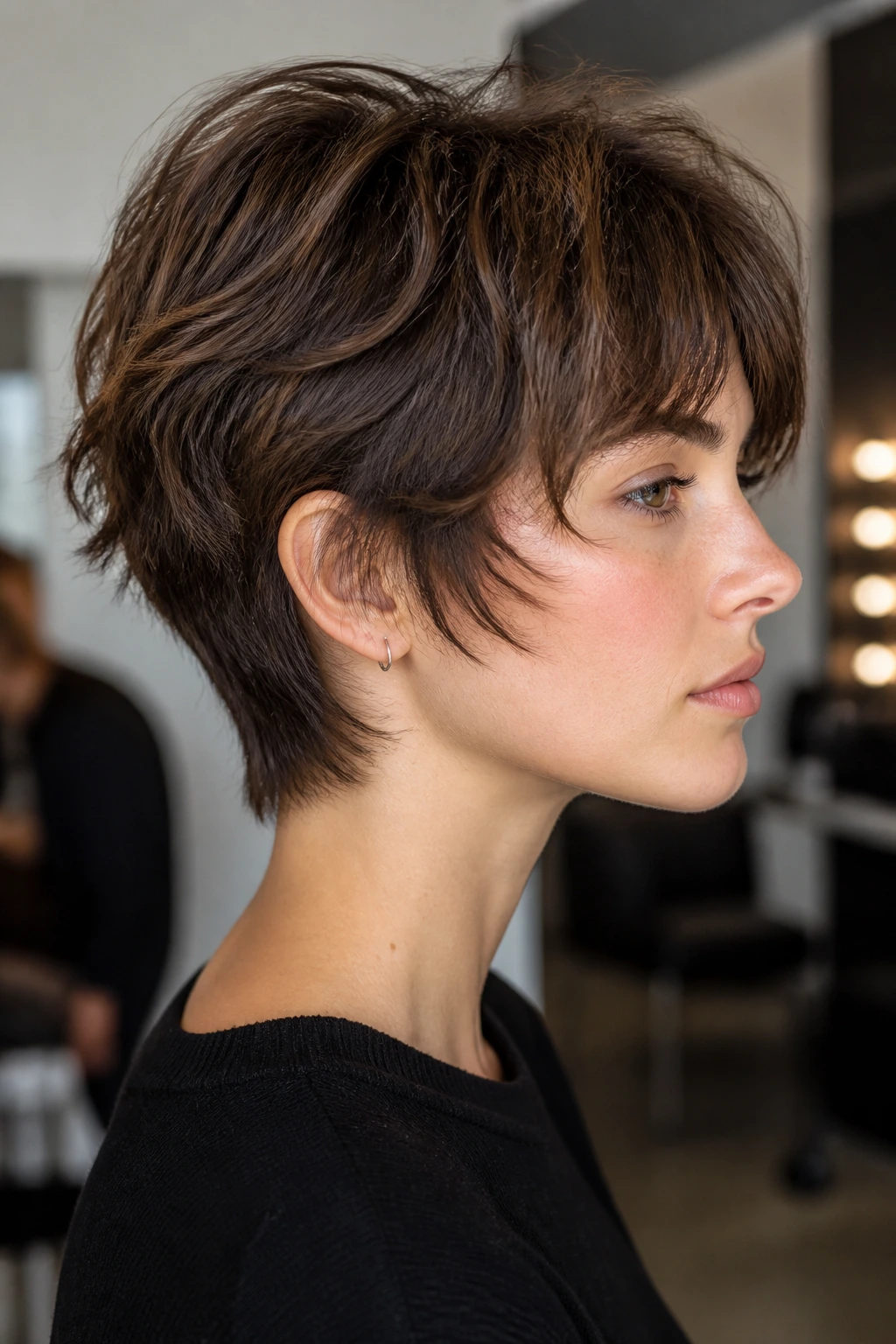 Portrait of a real woman with a short shag and tapered nape, neat neckline