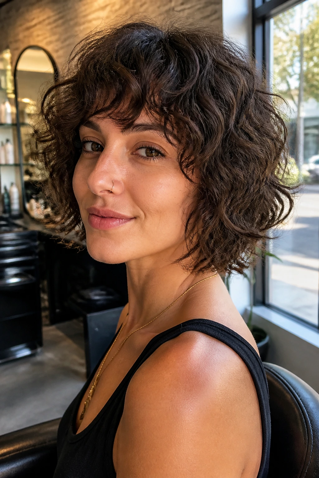 Close-up portrait of a real woman with textured short shag in a salon setting
