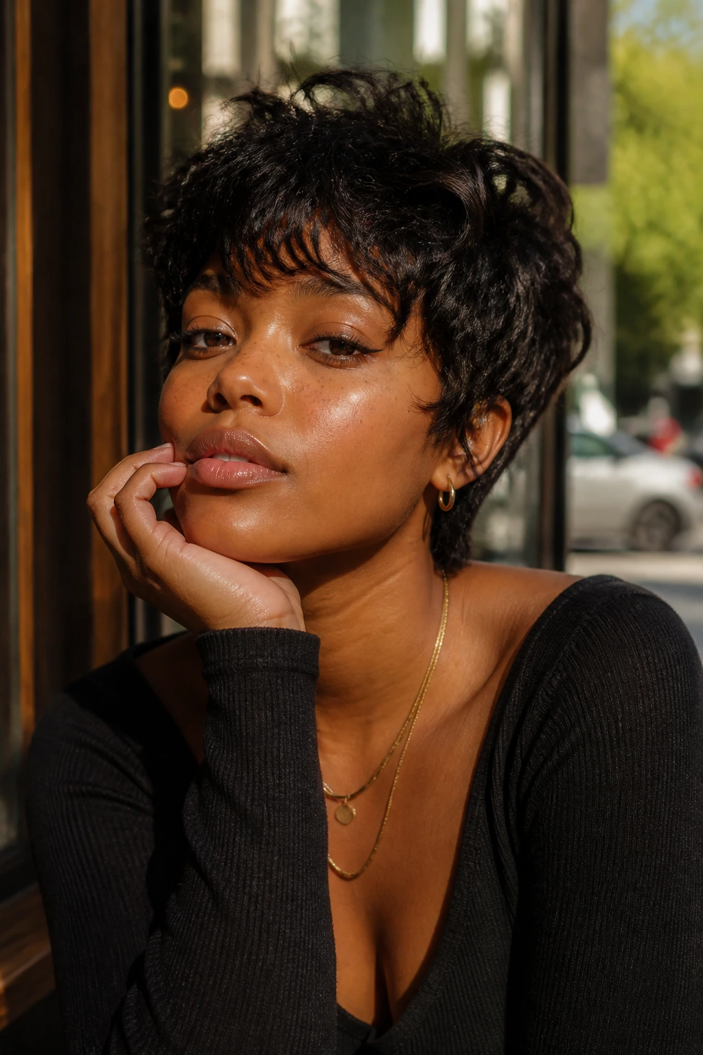 Portrait of a Black woman with a modern short shag showing movement and texture