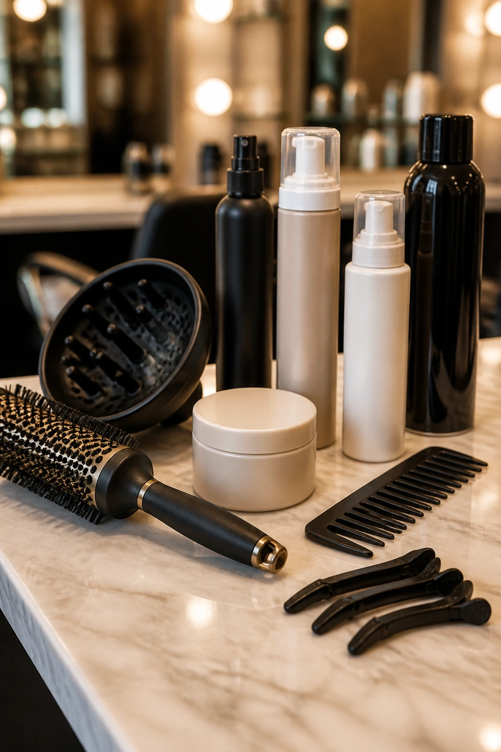 Tools for styling a short shag displayed on a salon counter