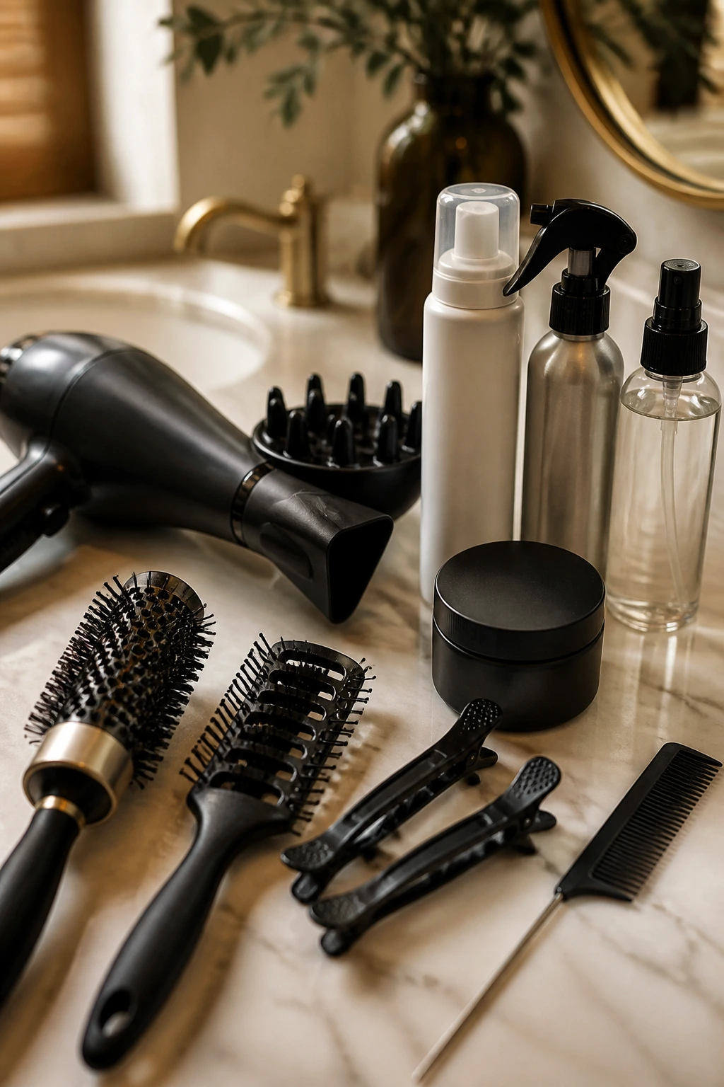 Close-up of hair styling tools on a bathroom counter for short shag styling