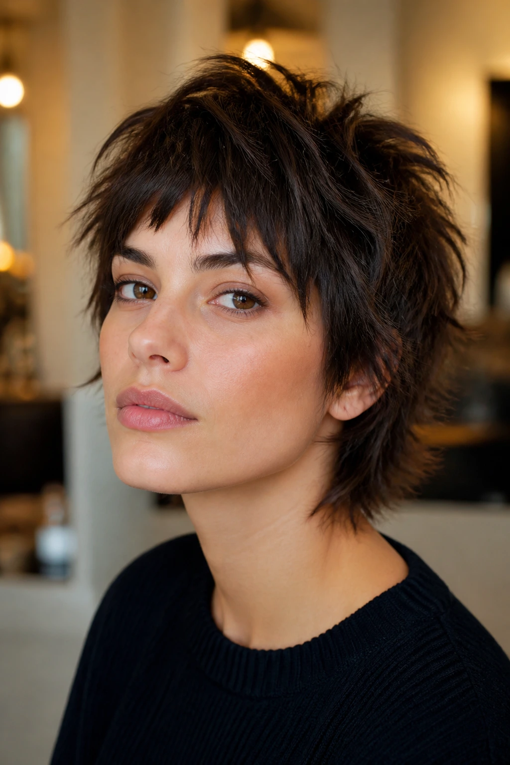 Portrait of a real person with a highly textured short shag showing razor work
