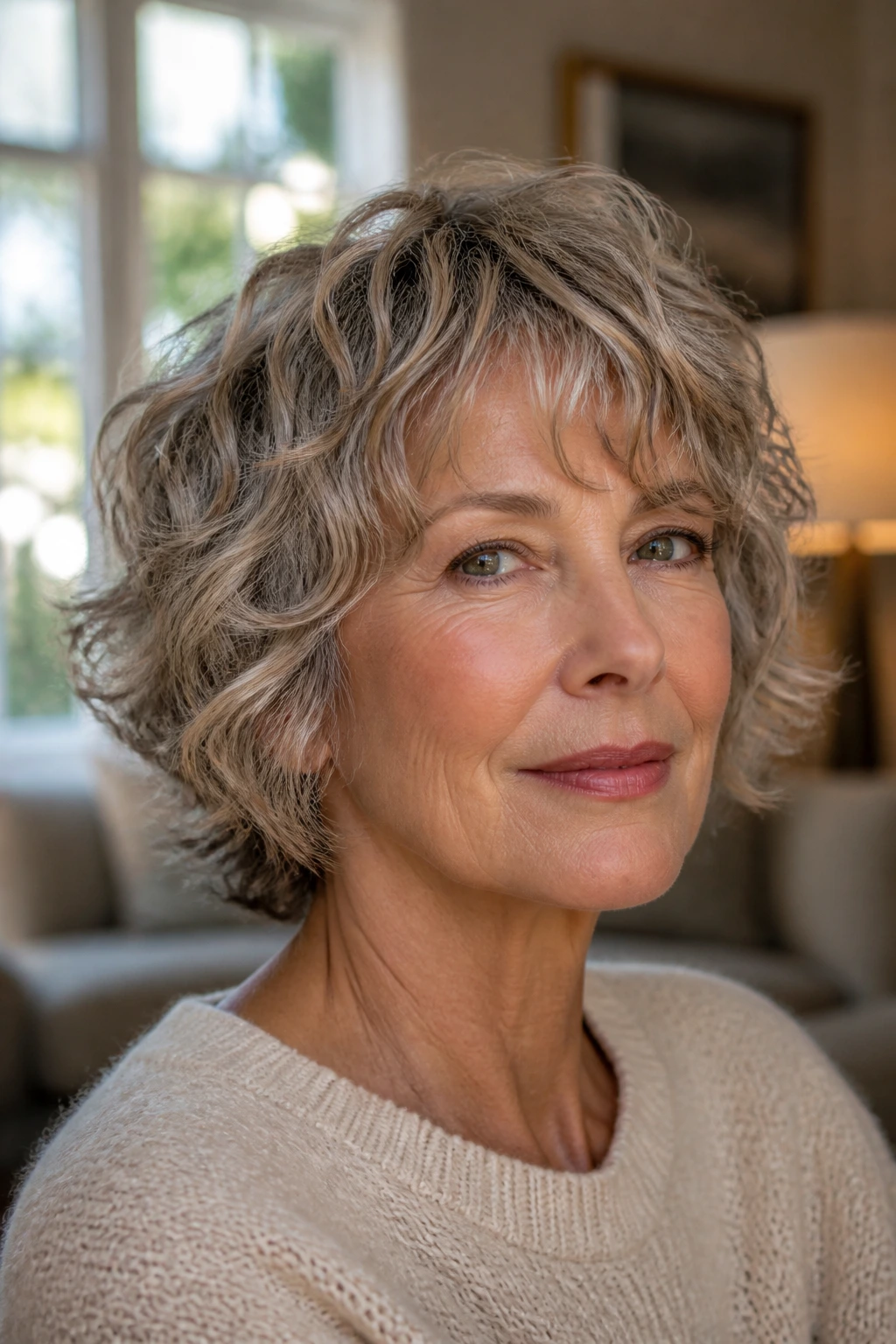 Close-up portrait of a real person with a short shag cut and natural S-bend waves in warm window light