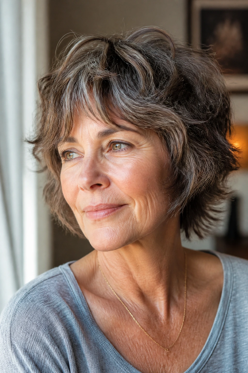 Close-up portrait of woman over 50 with short shag on wavy hair in warm light