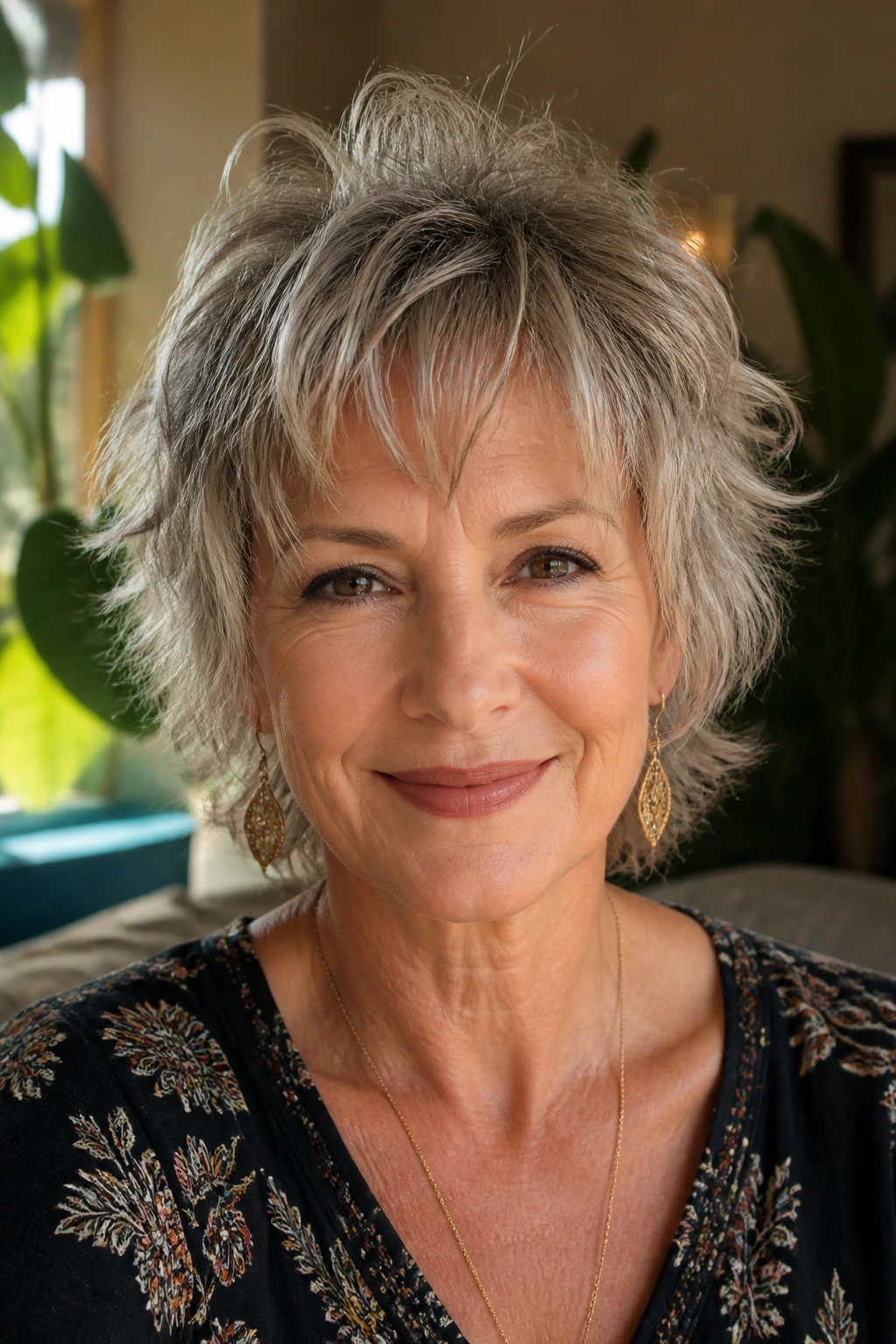 Portrait of a woman with a short shag and wispy bangs in natural light