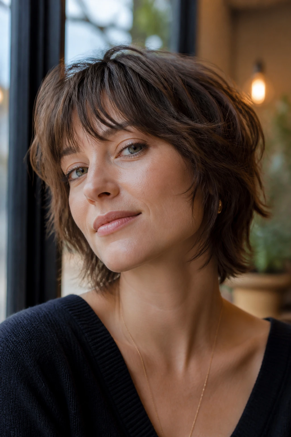 Close-up portrait of a person wearing a short shag with wispy bangs in a cafe setting