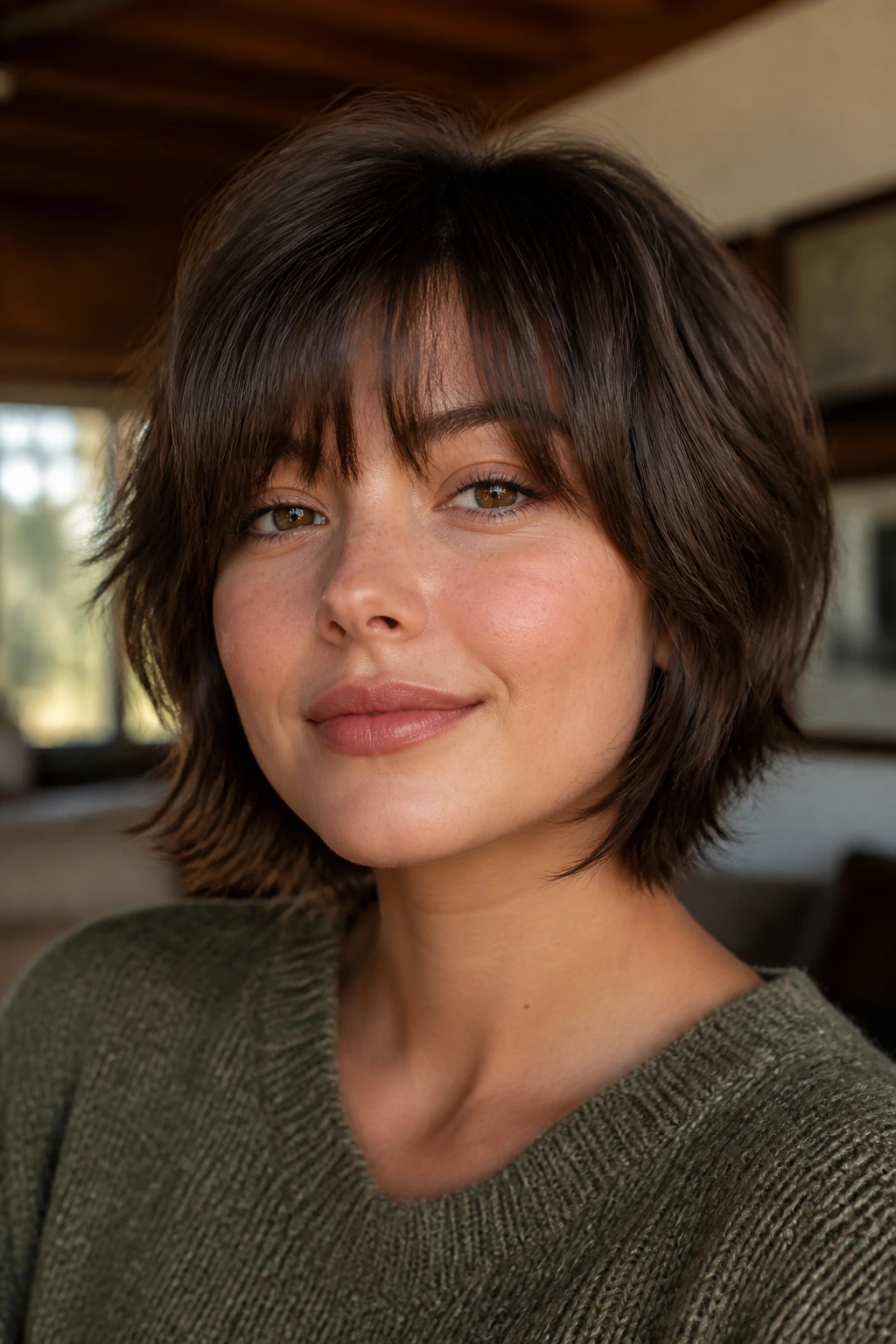 Close-up of a real person with a short shaggy bob and wispy bangs highlighting face-framing texture
