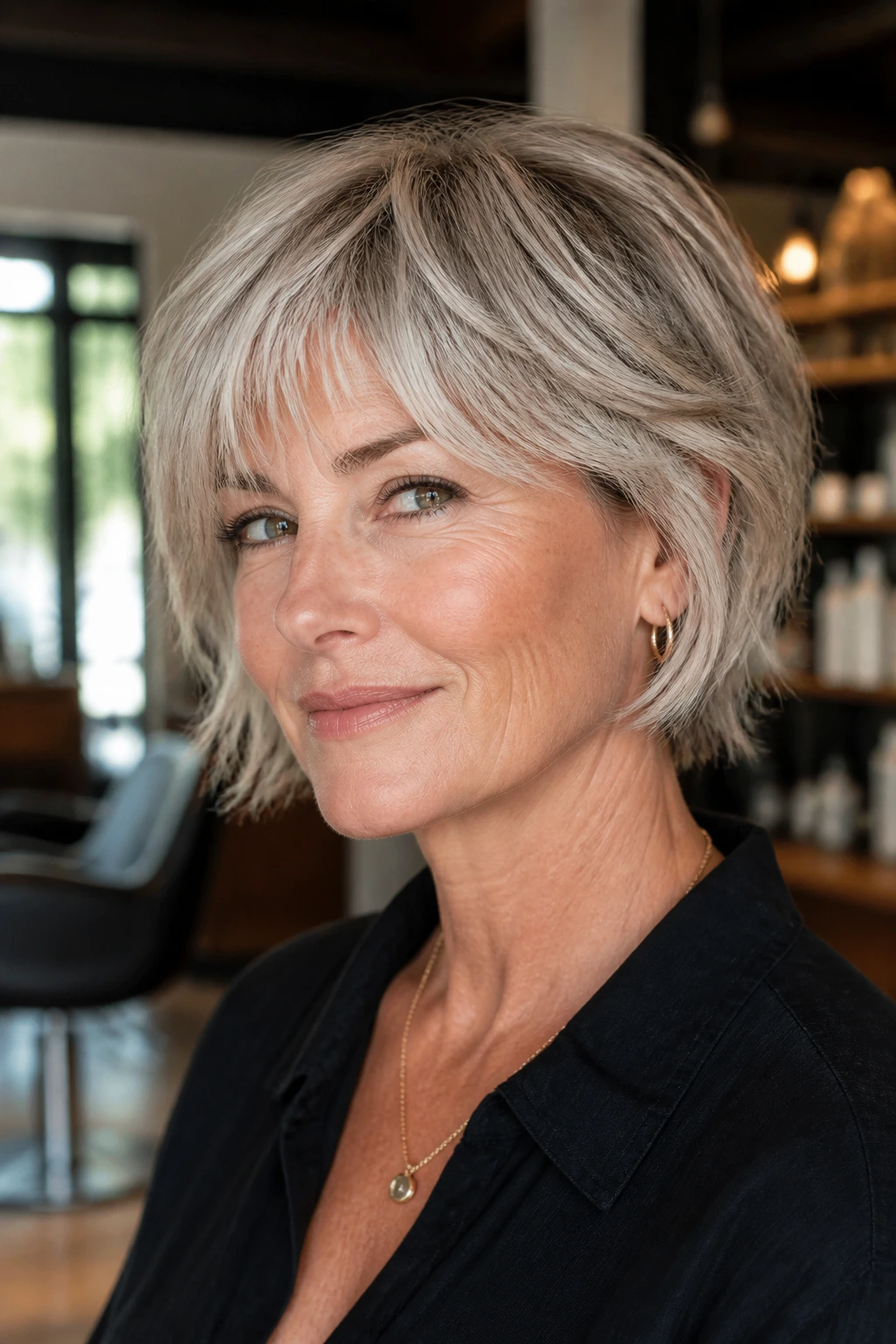 Close-up portrait of a real woman with a short shaggy bob above the collarbone in a boutique salon