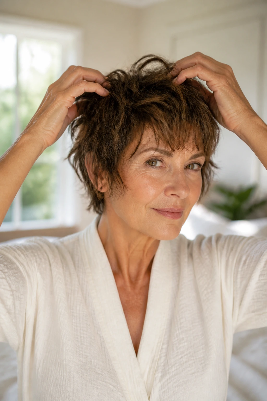 Woman with short shaggy brown haircut in a sunlit morning room