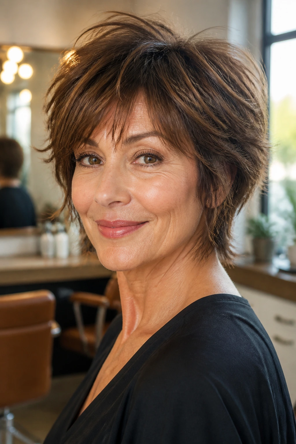Close-up of a real woman with short shaggy brown haircut showing crown lift and soft jawline