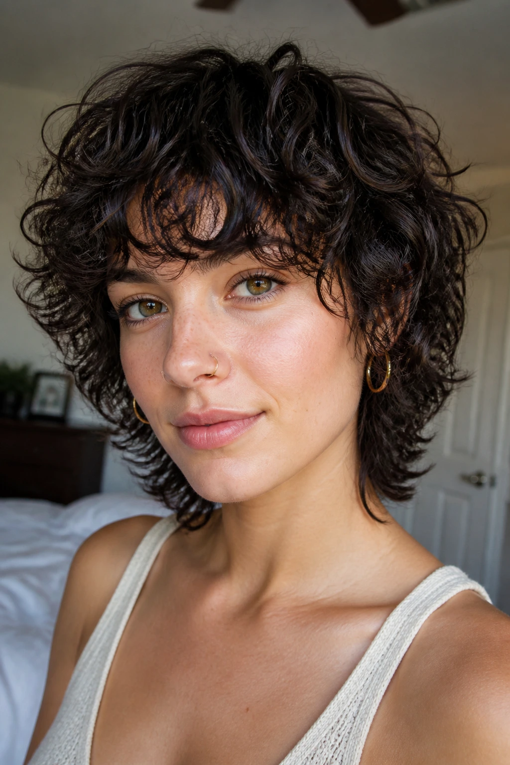 Close-up of a real woman with short shaggy curly haircut and bangs in a softly lit bedroom