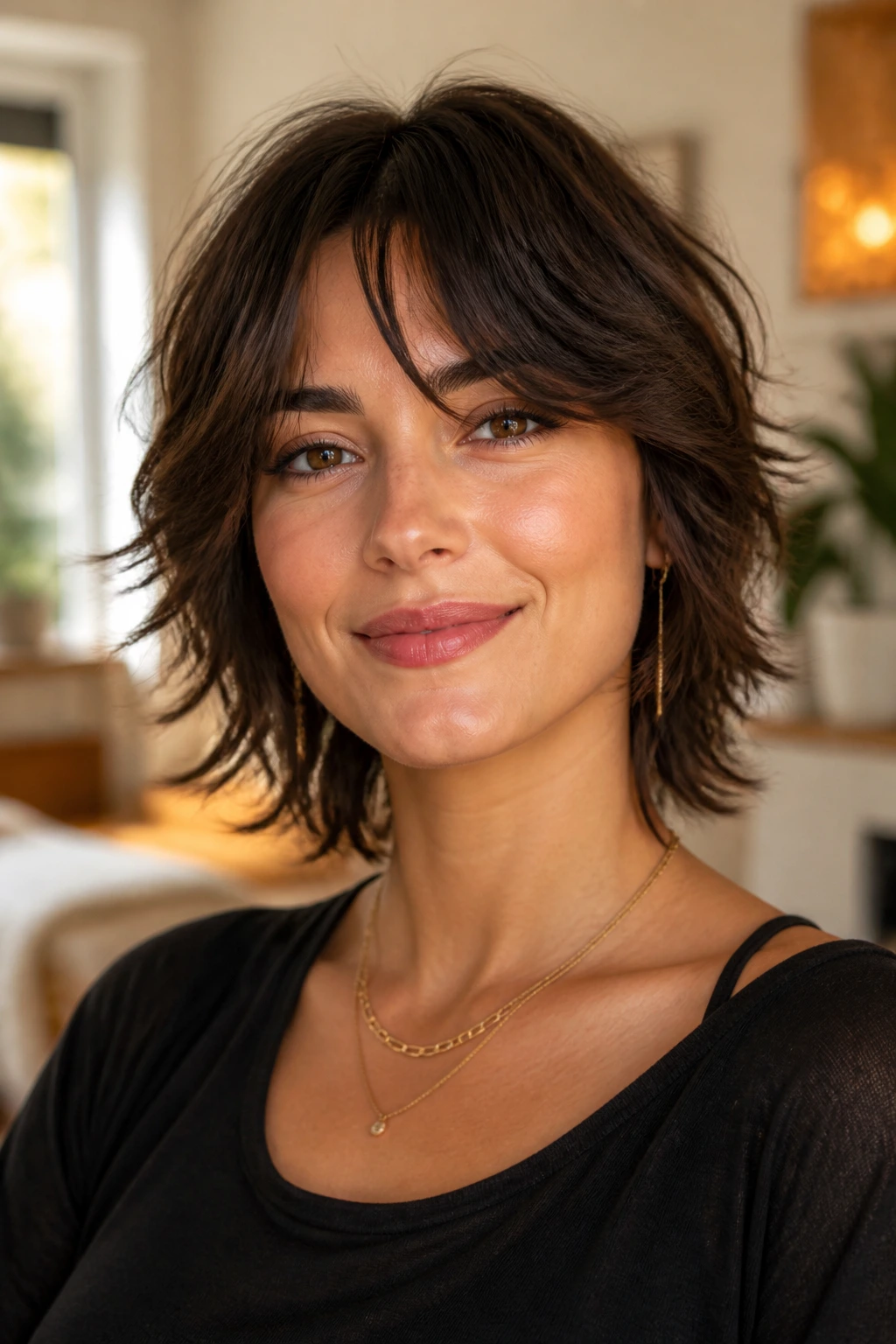 Close-up portrait of a real person with short shaggy curtain bangs in a warm living room setting