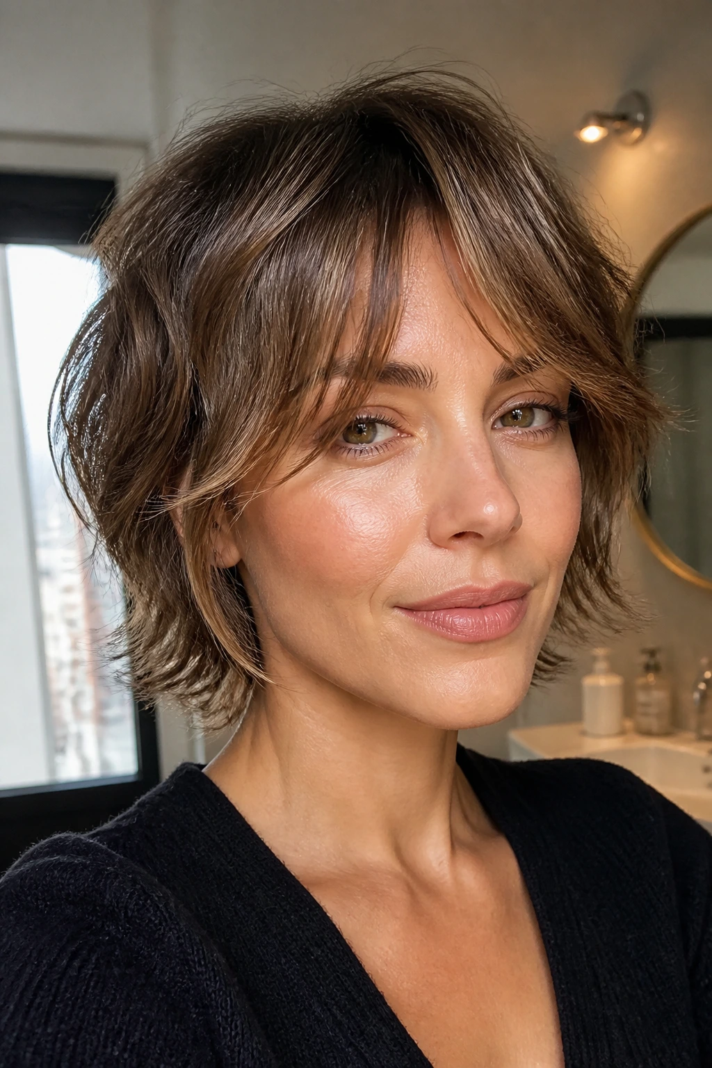Close-up of a real woman with short shaggy hair and curtain bangs in natural light
