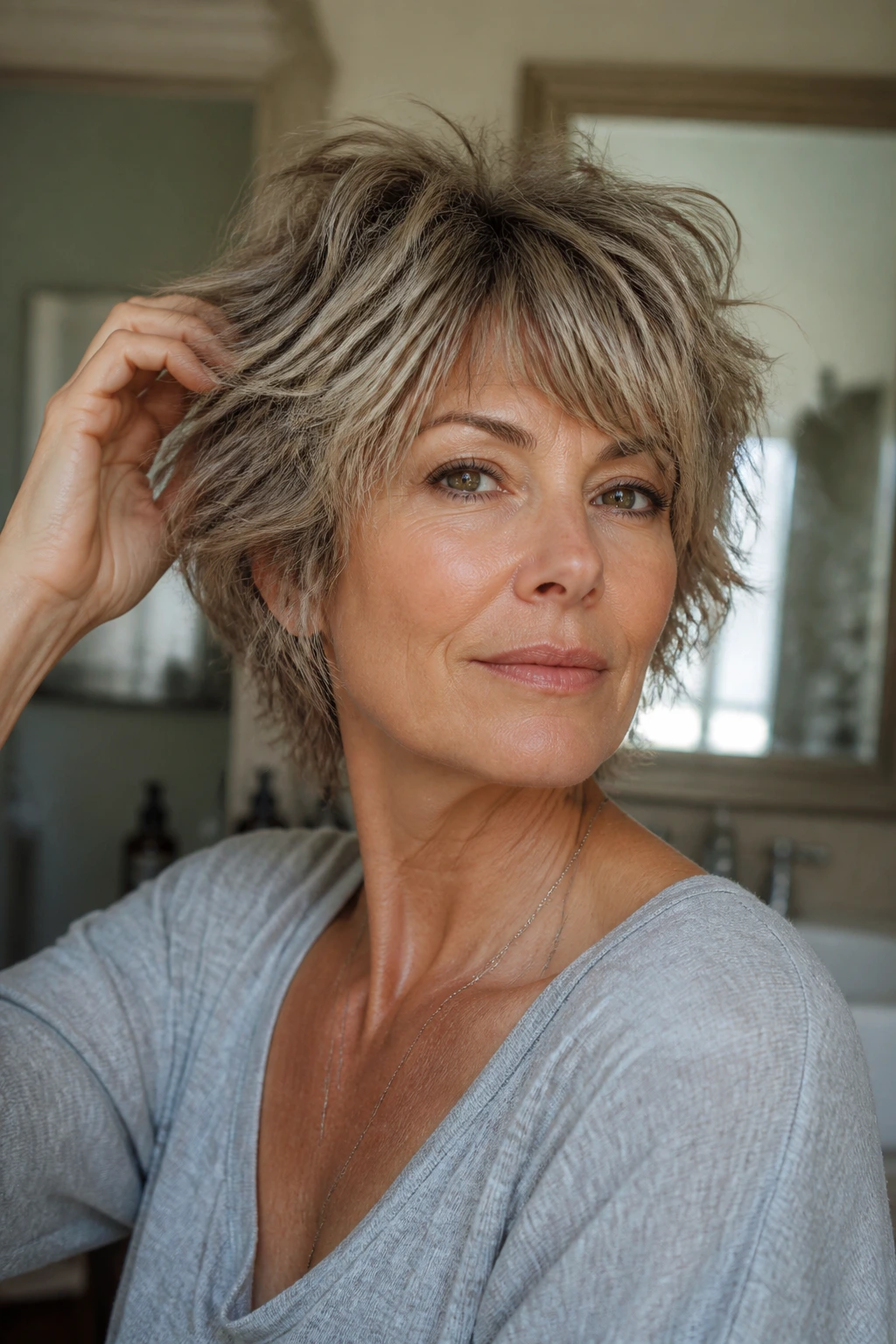 Real person with short shaggy hair styled in a messy but shaped look