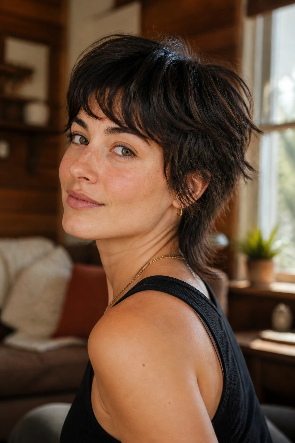 Close-up portrait of a person with short shaggy mullet layers, lifted crown and soft sides.