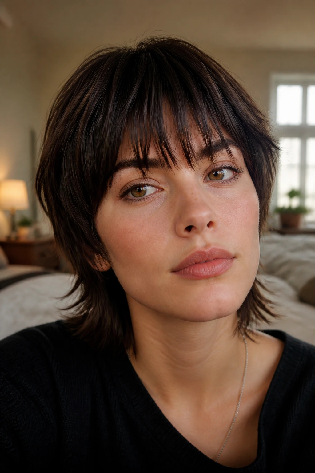 Close-up portrait of a real woman with a short shag haircut and bangs in warm window-light setting