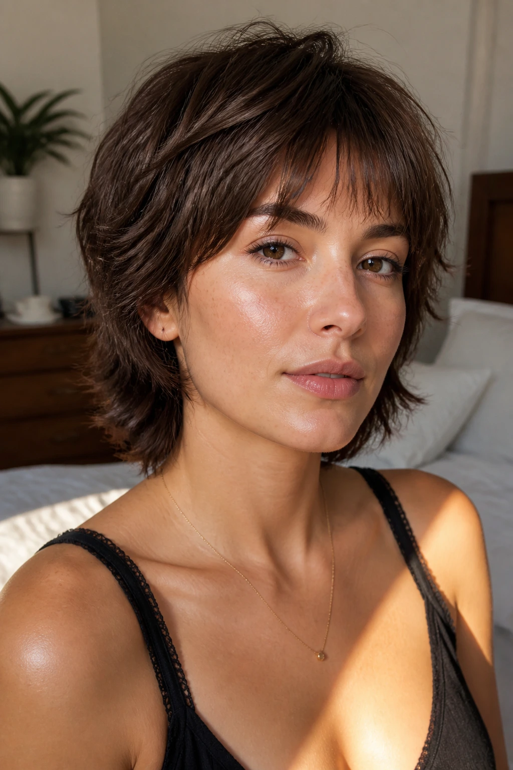Close-up portrait of a woman with short shag hairstyle softening a square jaw in warm window light