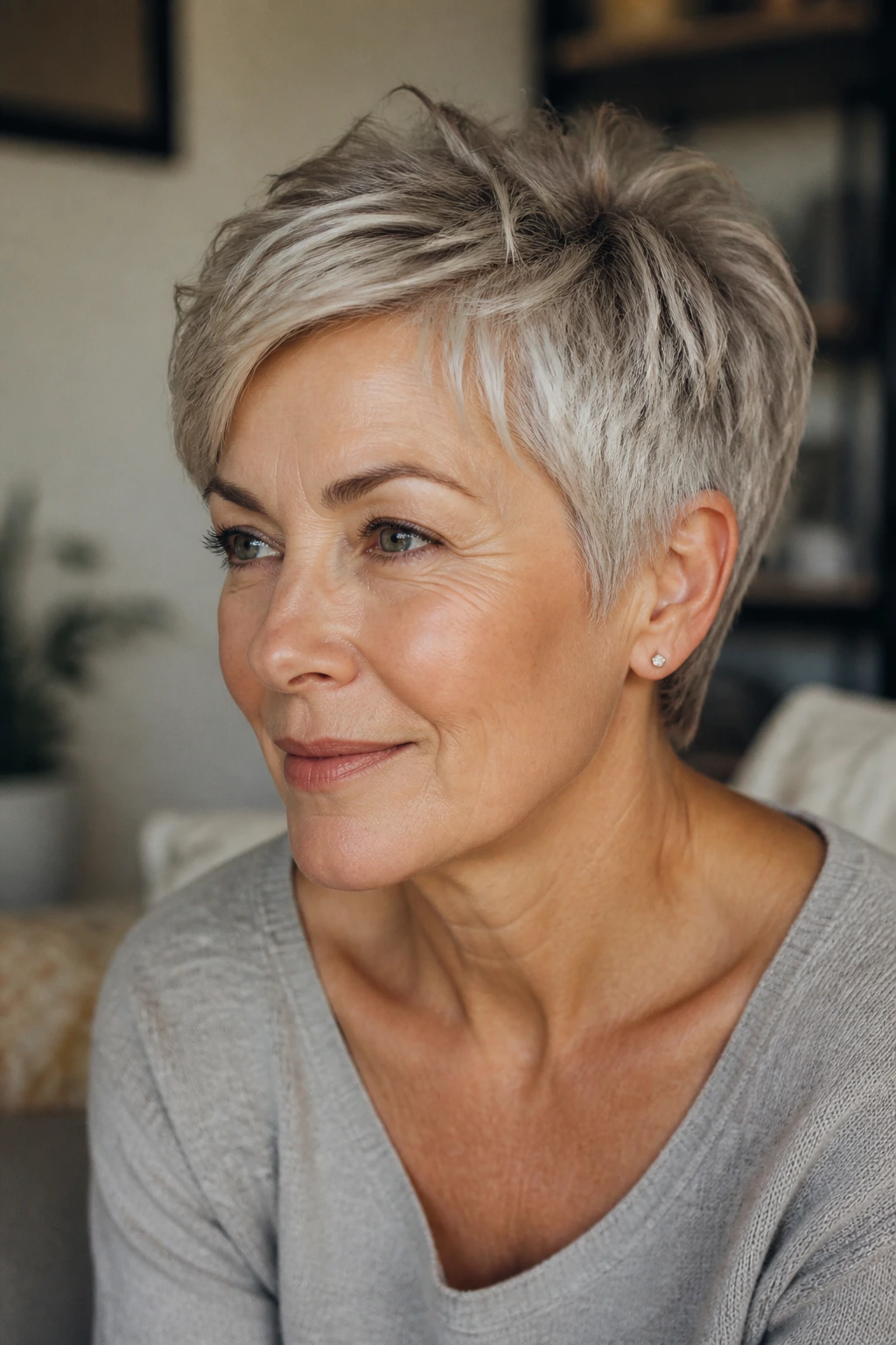 Close-up portrait of a real woman with a tapered crop showing strong perimeter