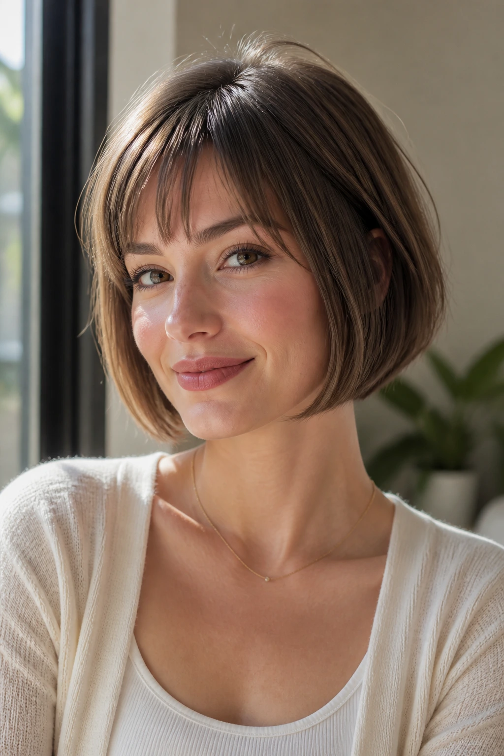 Portrait of a real woman with a chin-length bob and crown lift demonstrating added body