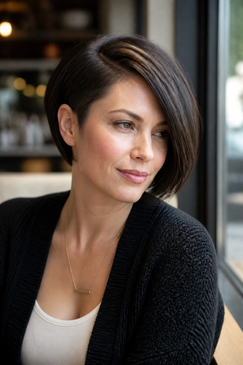 Close-up of a real woman with short side-swept asymmetrical bob in a sunny cafe