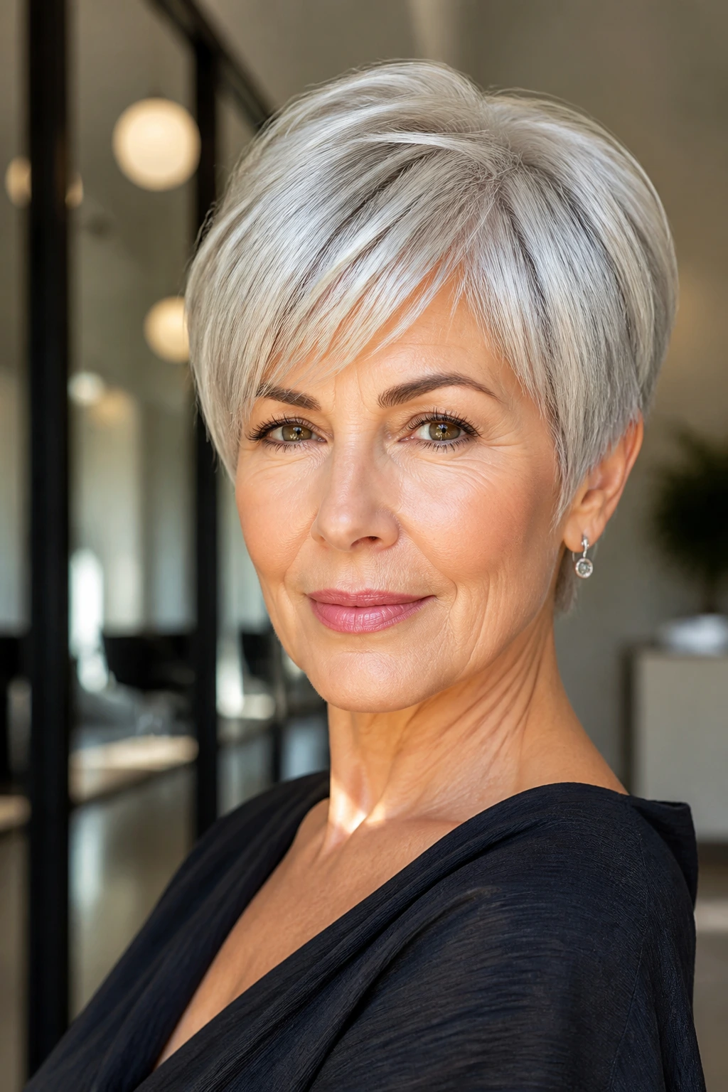 Close-up portrait of an older woman with a sharp, silver short haircut